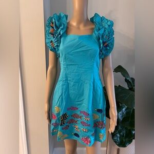 QUEEN OF SPARKLES Aqua Fish Poof Ruffle Sleeve Dress
